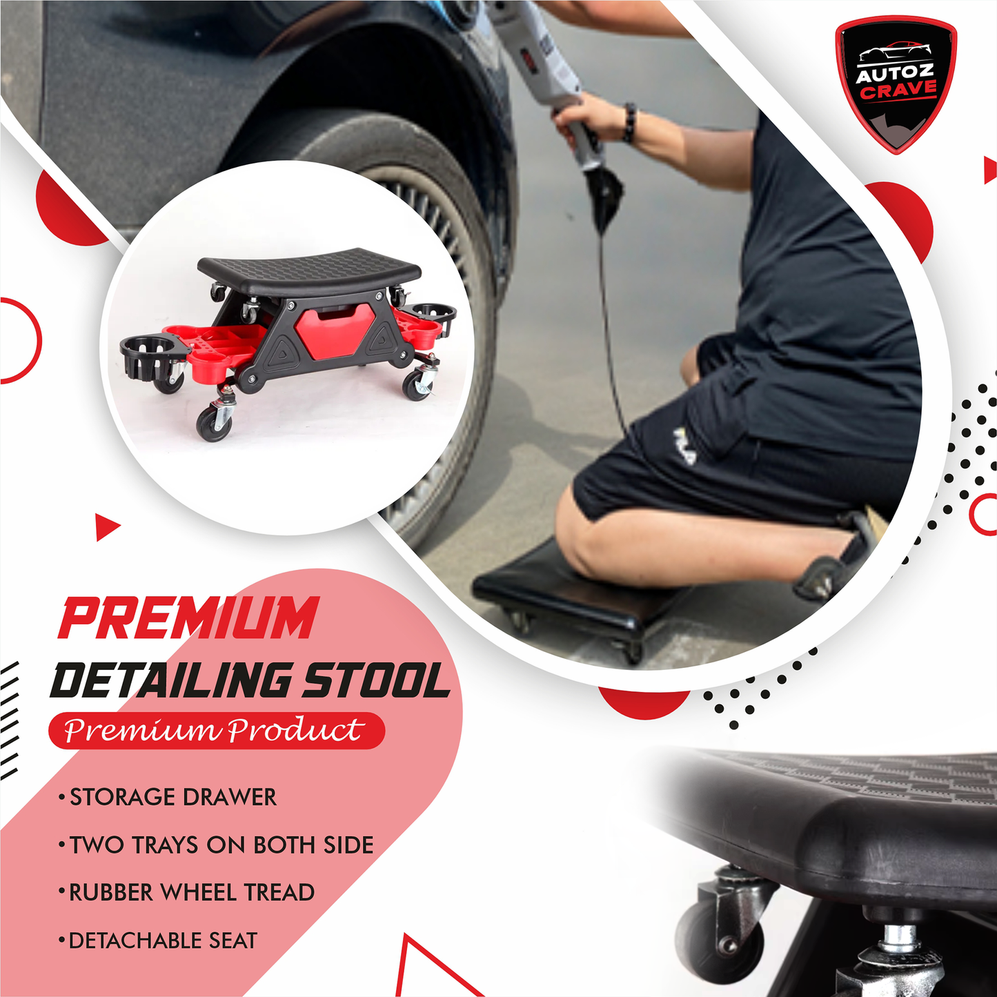 Detailing Stool 4th Generation Dual Trays | Storage Drawer | Detachable Seat