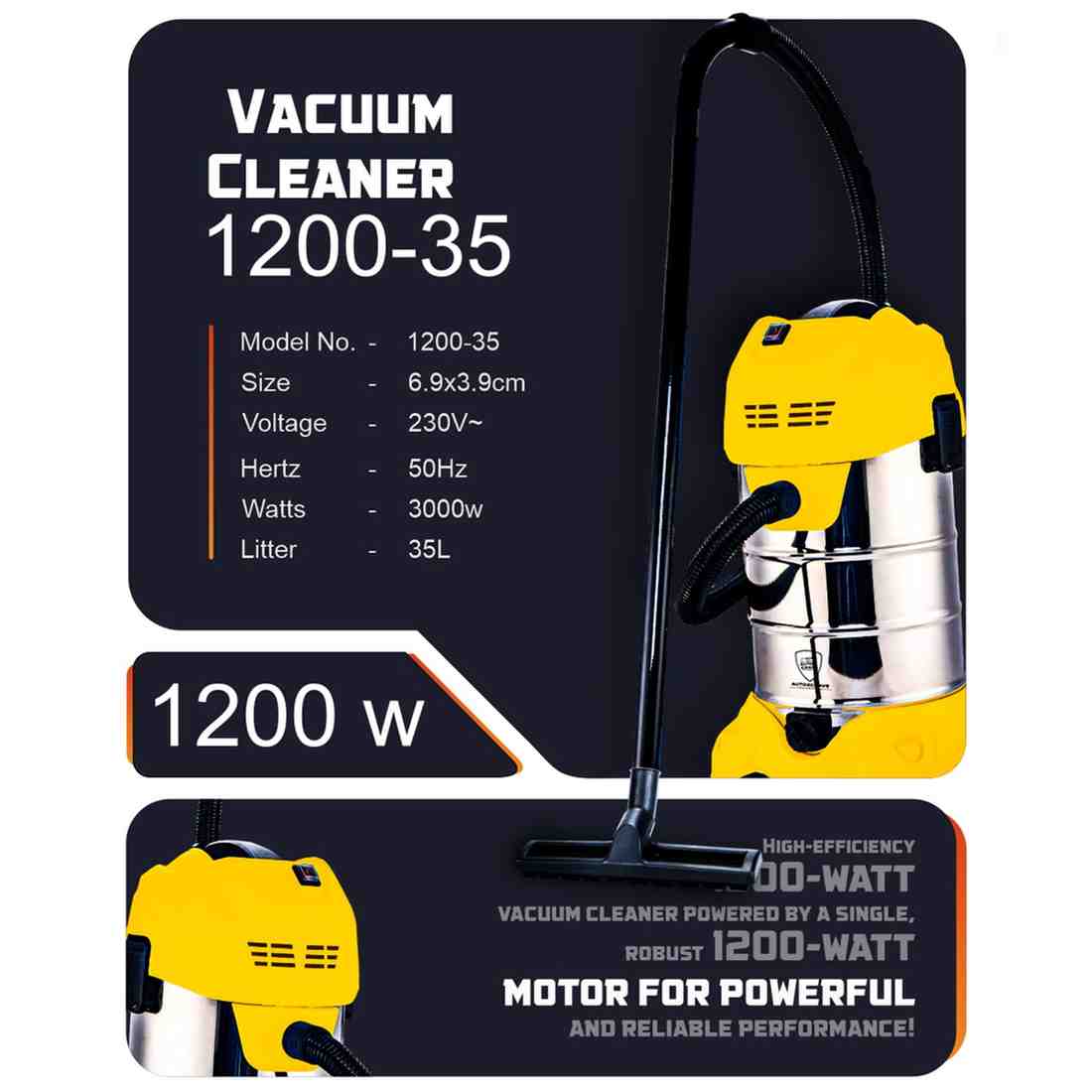 Autozcrave Vacuum Cleaner – 1200W | 35L Capacity | Heavy Duty Cleaning