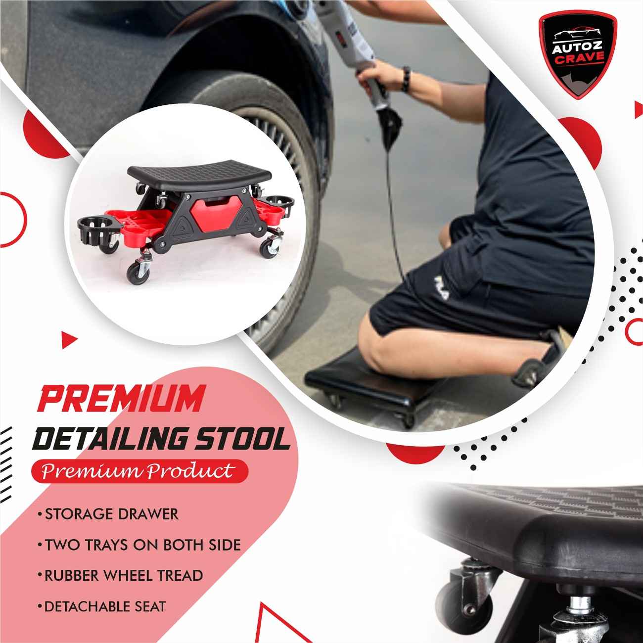 Detailing Stool 4th Generation Dual Trays | Storage Drawer | Detachable Seat