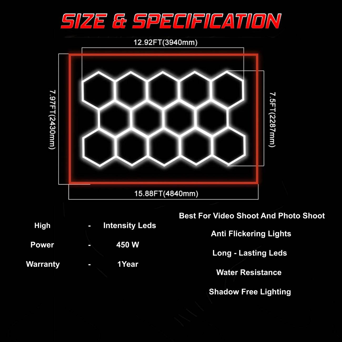 Autozcrave Car detailing Studio Light || Hexagon Pattern Light  for Car Detailing Studios (16x7.5 ft) |Anti-flicker for Shoots