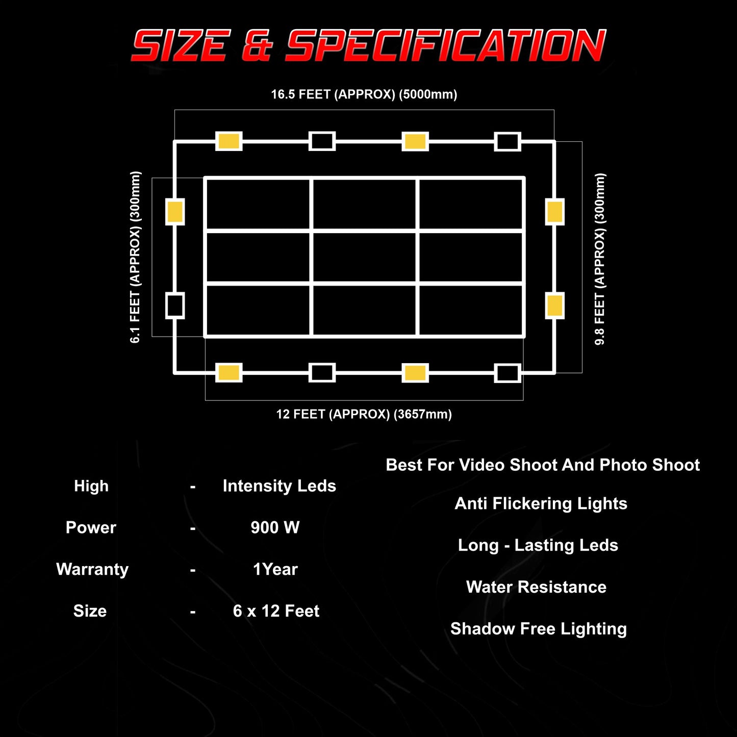 Autozcrave Car Detailing Studio Panel Light 900W 16.5ft (5000mm)x9.8ft (300mm) High Intensity, Shadow-Free LED Light for Professional Detailing with MS Frame